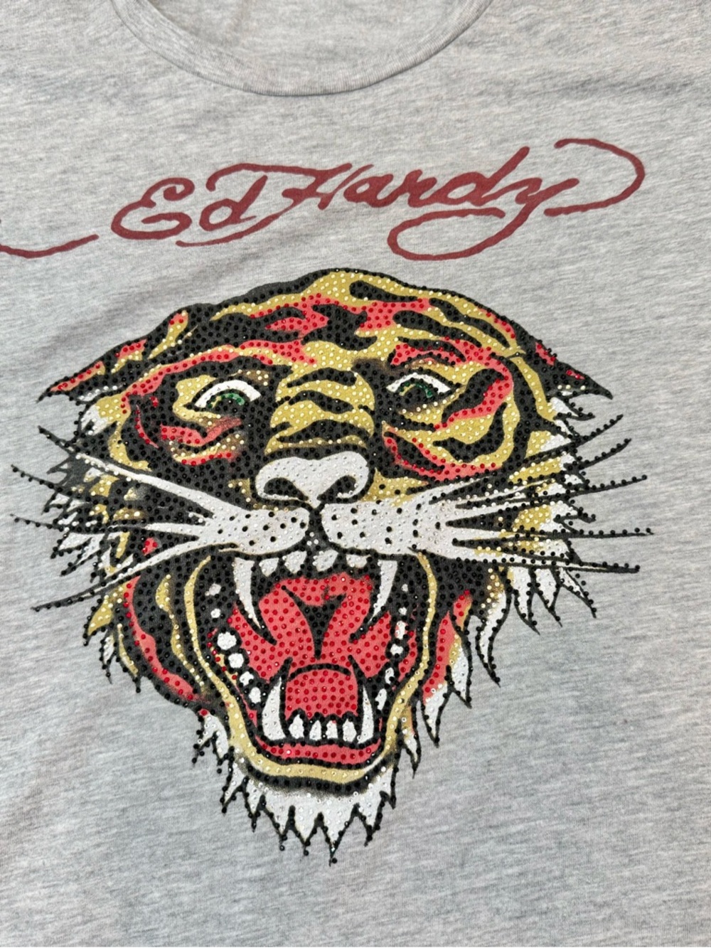Ed Hardy Tiger Graphic Mens Size XL T-shirt Rhinestone Tattoo Art Gray Y2K - Picture 4 of 6